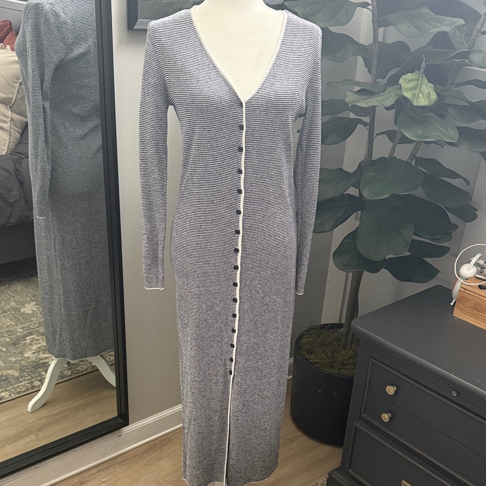 ZARA navy and white Long Sleeve Button-Up Dress